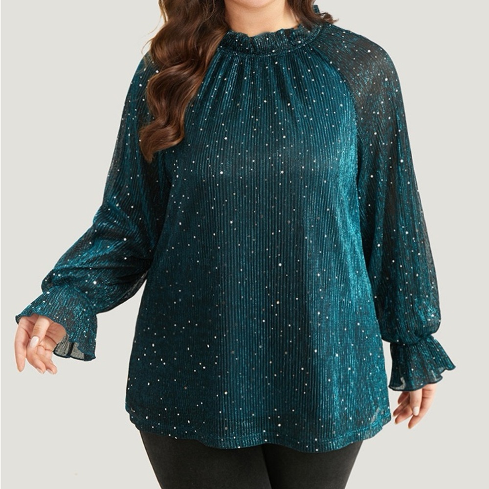 Elegant Teal and Silver Women's  Long Sleeve Top Plus Size 1X